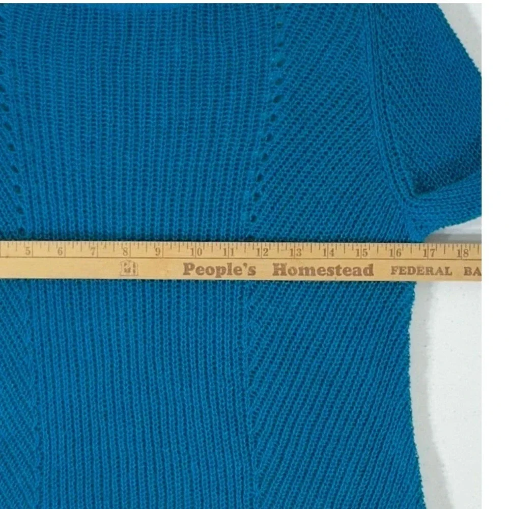 Eileen‎ Fisher Sweater Teal Organic Linen Open Knit Asymmetric Hem 3/4 Sleeve